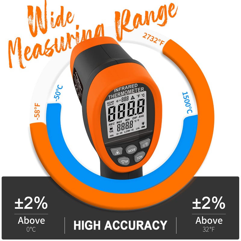 AIOMEST High Temperature Infrared Thermometer, AIOMEST Digital IR Pyrometer 30:1 Measure Temp -58~2732â„‰, Dual Laser Industrial TermÃ³metro Handheld AI-1500 for HVAC Kilning Casting Pottery Forge - Image 2